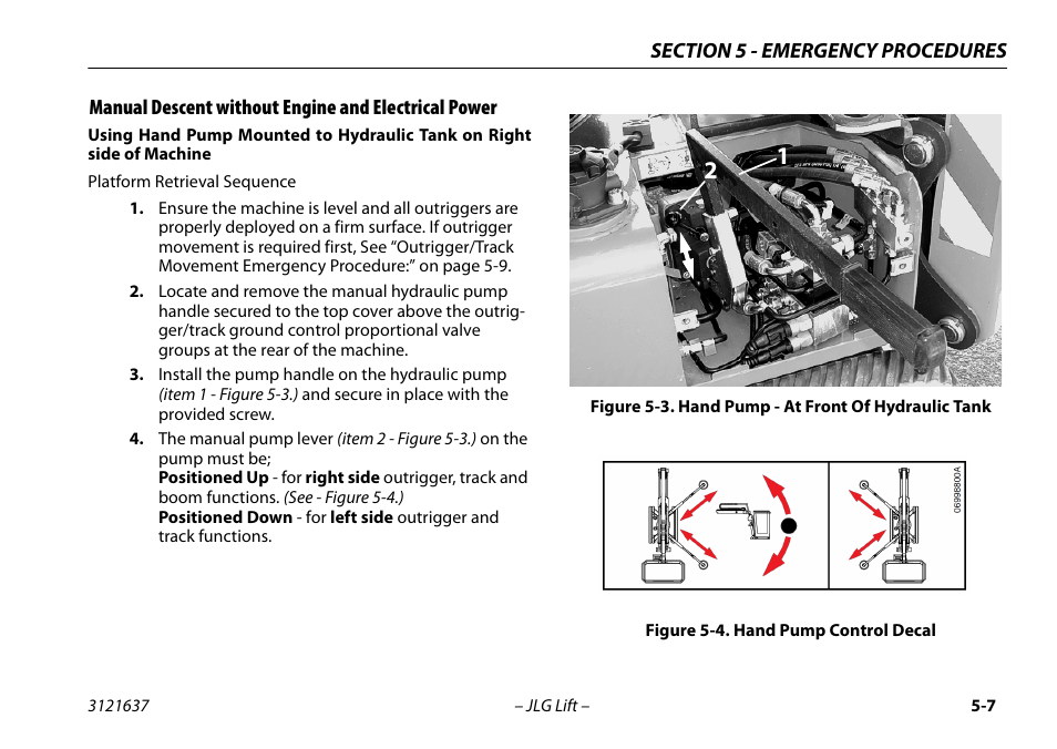 Manual descent without engine and electrical power, Hand pump - at front of hydraulic tank -7, Hand pump control decal -7 | JLG X600AJ Operator Manual User Manual | Page 95 / 154