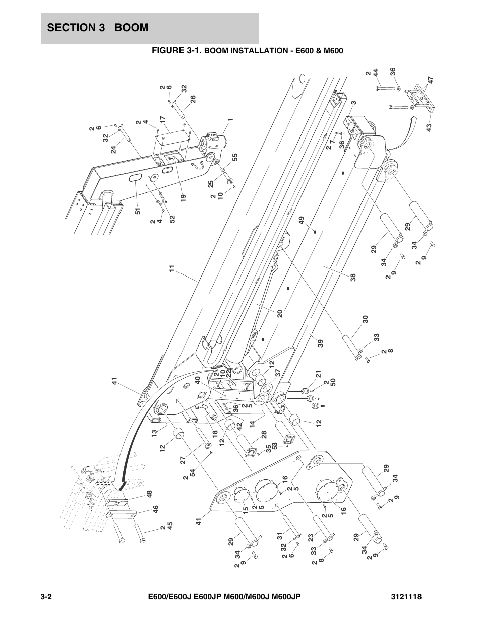 Figure 3-1. boom installation - e600 & m600, Figure 3-1 | JLG M600 ANSI Parts Manual User Manual | Page 102 / 258