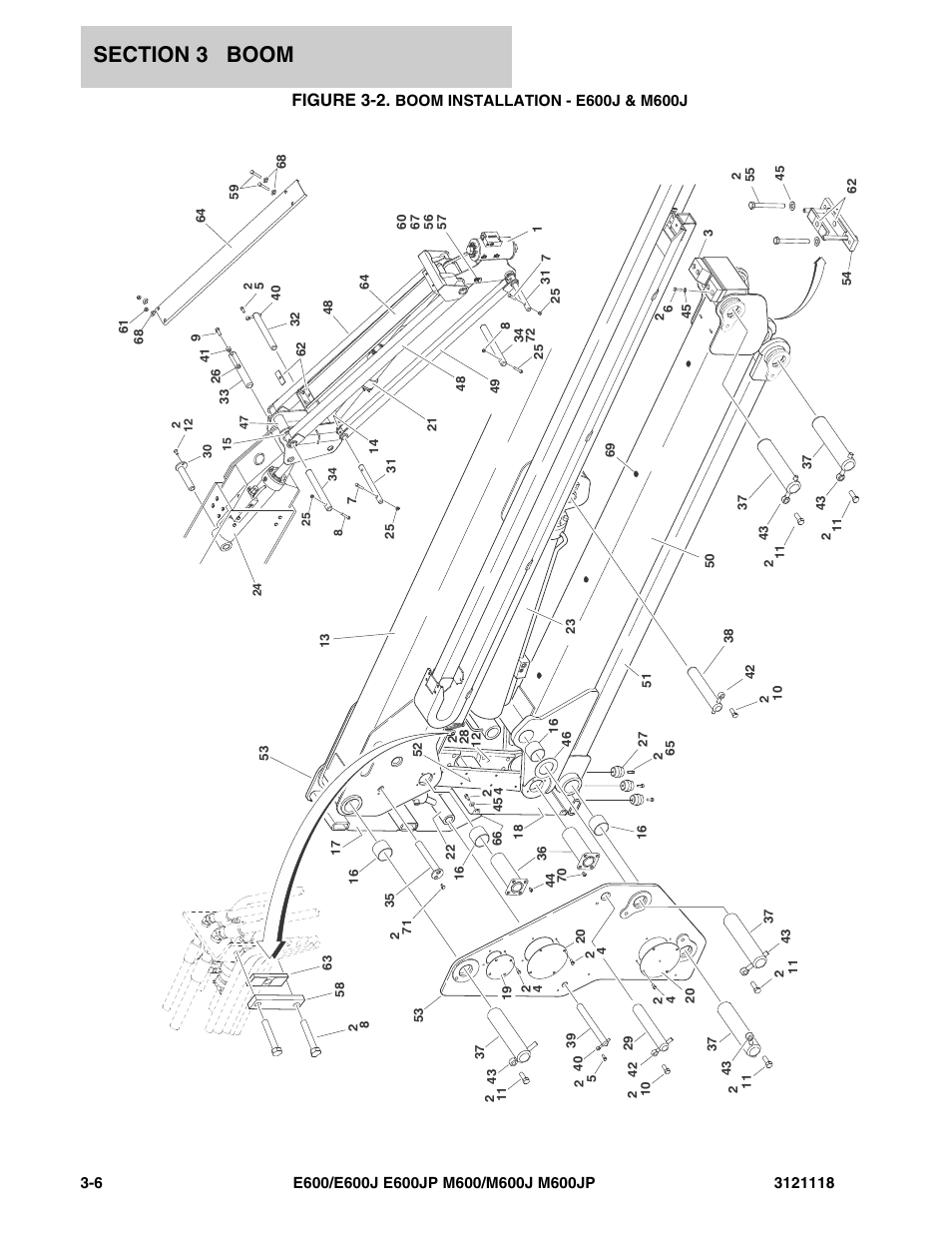 Figure 3-2. boom installation - e600j & m600j, Figure 3-2 | JLG M600 ANSI Parts Manual User Manual | Page 106 / 258