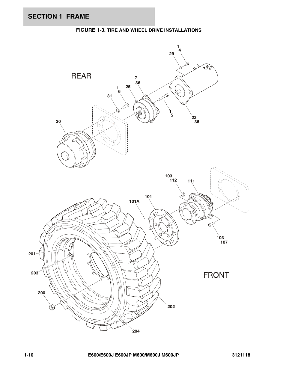 Figure 1-3. tire and wheel drive installations, Rear front | JLG M600 ANSI Parts Manual User Manual | Page 16 / 258