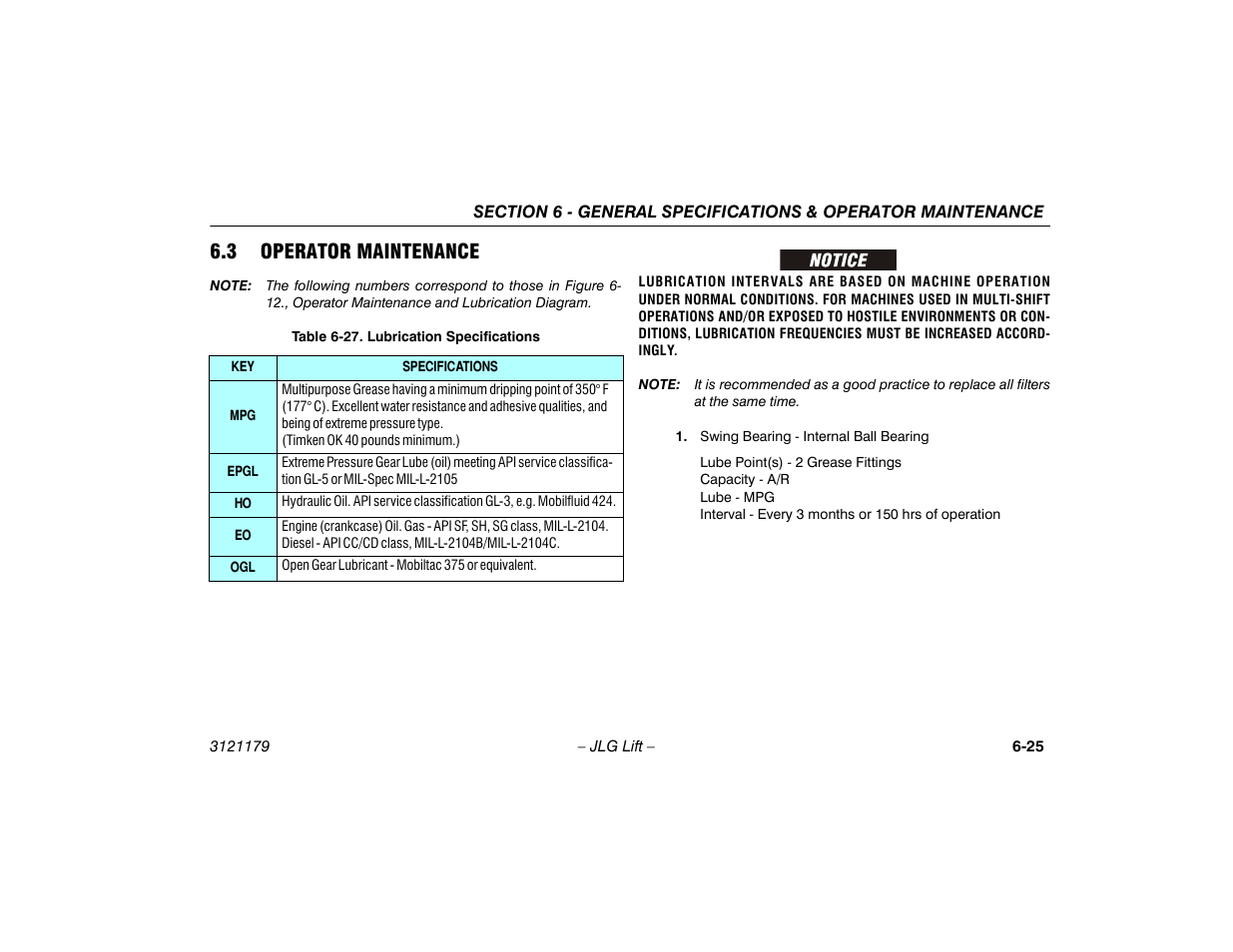 3 operator maintenance, 3 operator maintenance -25, 27 lubrication specifications -25 | JLG 510AJ Operator Manual User Manual | Page 107 / 132