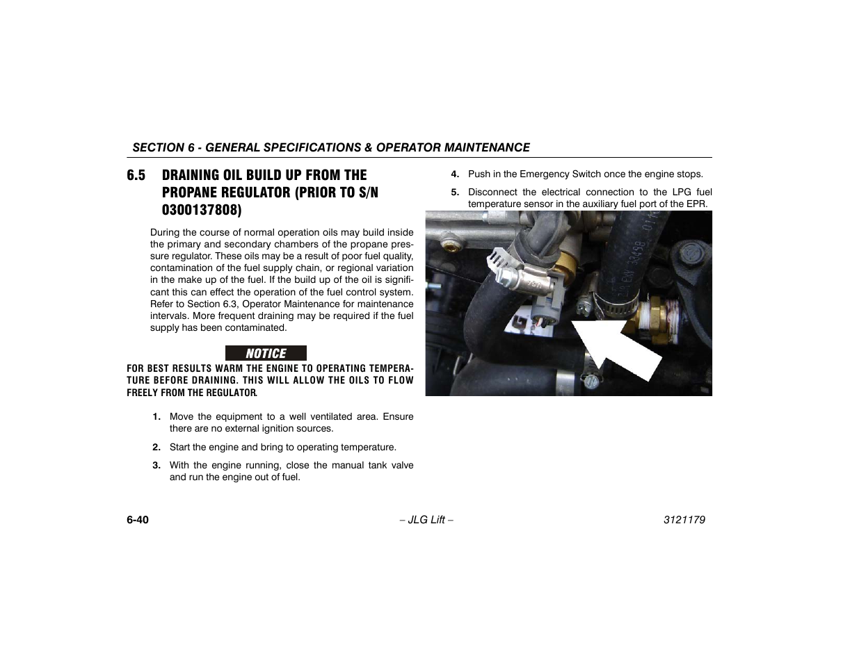 5 draining oil build up from the propane reg, Ulator (prior to s/n 0300137808) -40 | JLG 510AJ Operator Manual User Manual | Page 122 / 132