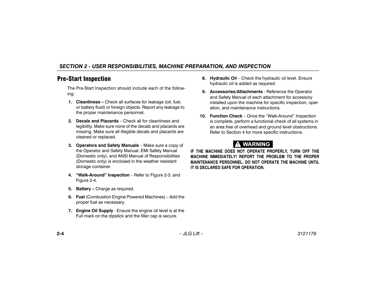 Pre-start inspection, Pre-start inspection -4 | JLG 510AJ Operator Manual User Manual | Page 26 / 132
