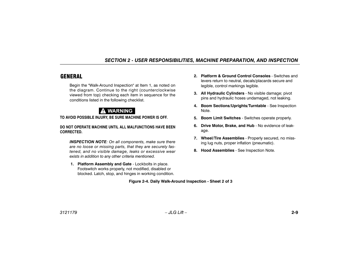 General -9, Daily walk-around inspection - sheet 2 of 3 -9, General | JLG 510AJ Operator Manual User Manual | Page 31 / 132