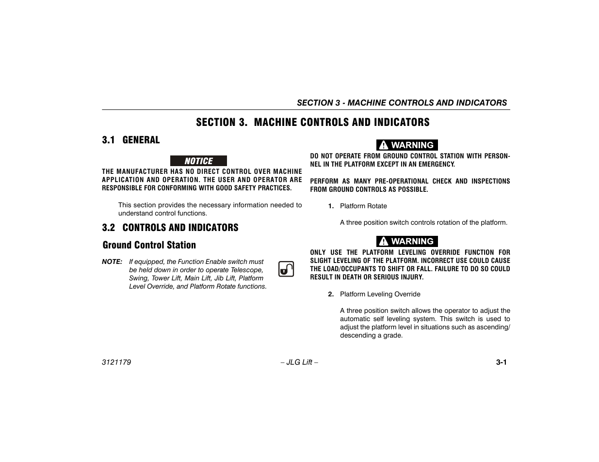 Section 3. machine controls and indicators, 1 general, 2 controls and indicators | Ground control station, Section - 3 - machine controls and indicators, 1 general -1 3.2 controls and indicators -1, Ground control station -1, 2 controls and indicators ground control station | JLG 510AJ Operator Manual User Manual | Page 35 / 132