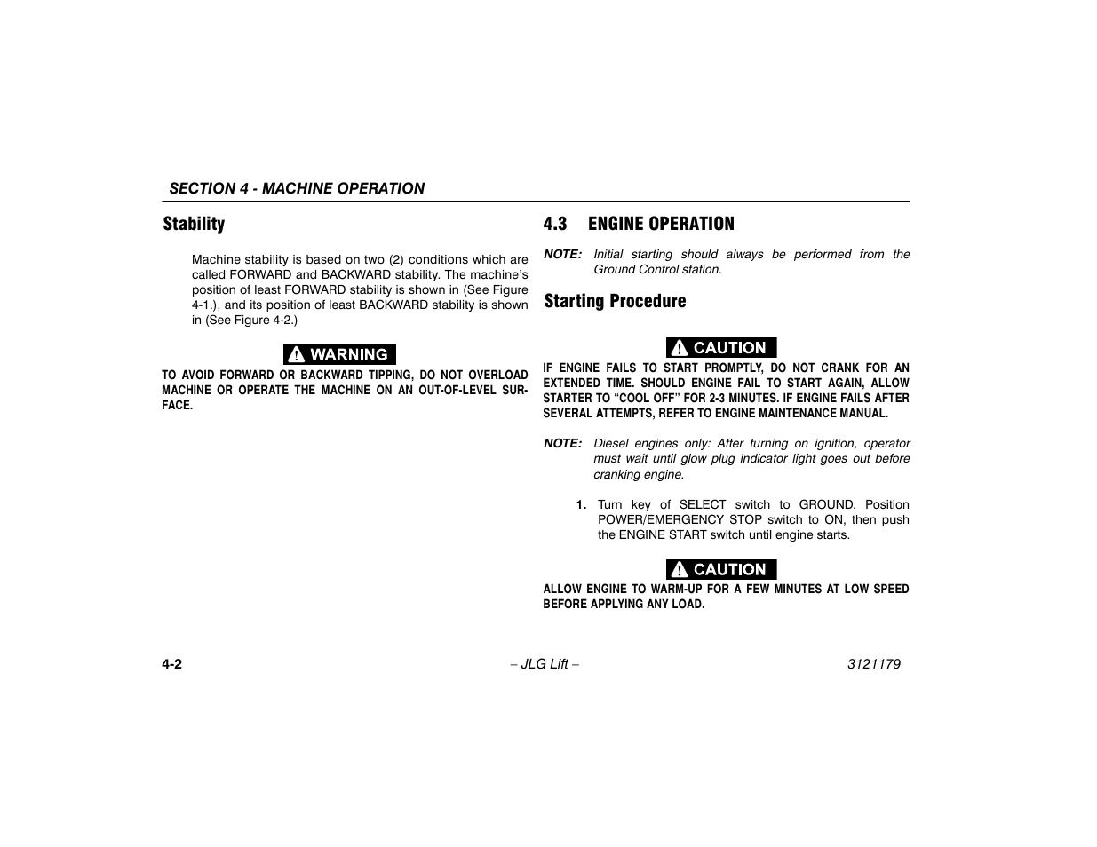 Stability, 3 engine operation, Starting procedure | Stability -2, 3 engine operation -2, Starting procedure -2 | JLG 510AJ Operator Manual User Manual | Page 56 / 132
