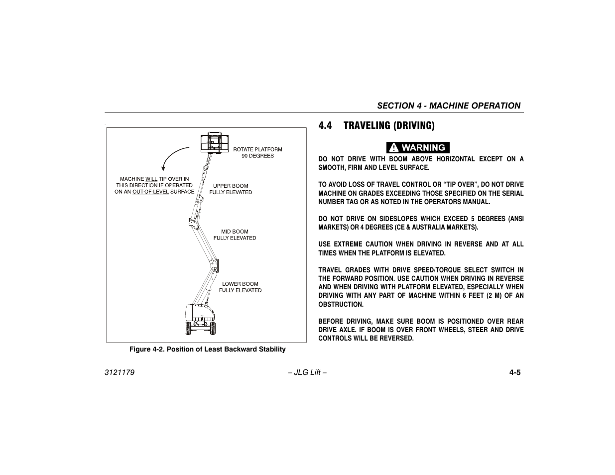4 traveling (driving), 4 traveling (driving) -5, Position of least backward stability -5 | JLG 510AJ Operator Manual User Manual | Page 59 / 132