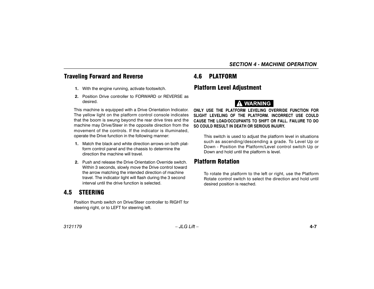 Traveling forward and reverse, 5 steering, 6 platform | Platform level adjustment, Platform rotation, Traveling forward and reverse -7, 5 steering -7 4.6 platform -7, Platform level adjustment -7 platform rotation -7, 6 platform platform level adjustment | JLG 510AJ Operator Manual User Manual | Page 61 / 132