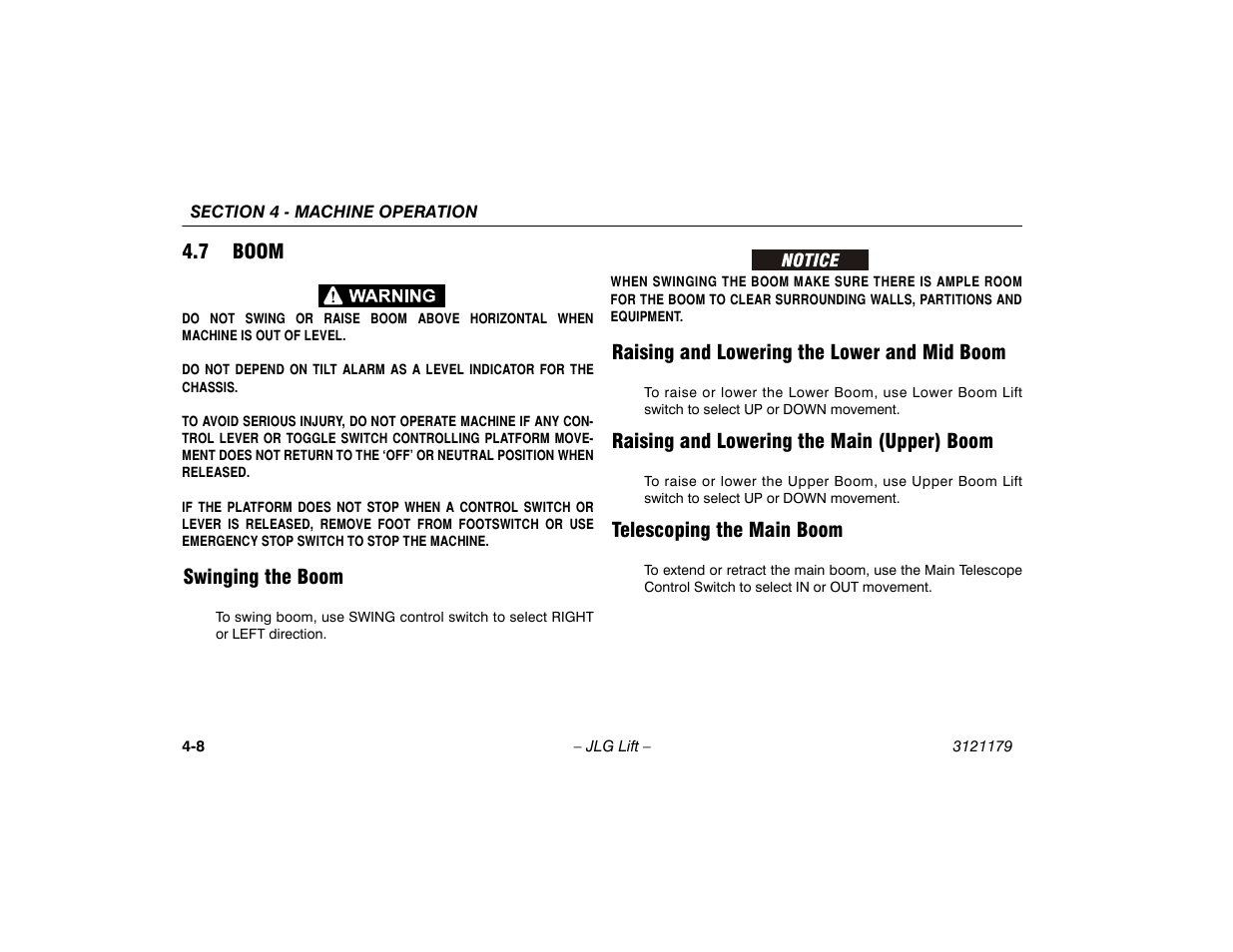 7 boom, Swinging the boom, Raising and lowering the lower and mid boom | Raising and lowering the main (upper) boom, Telescoping the main boom, 7 boom -8 | JLG 510AJ Operator Manual User Manual | Page 62 / 132