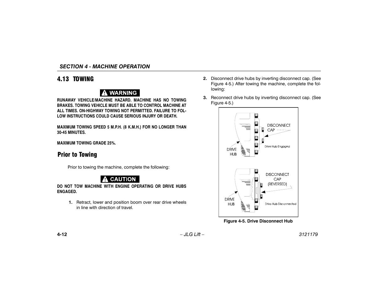13 towing, Prior to towing, 13 towing -12 | Prior to towing -12, Drive disconnect hub -12 | JLG 510AJ Operator Manual User Manual | Page 66 / 132