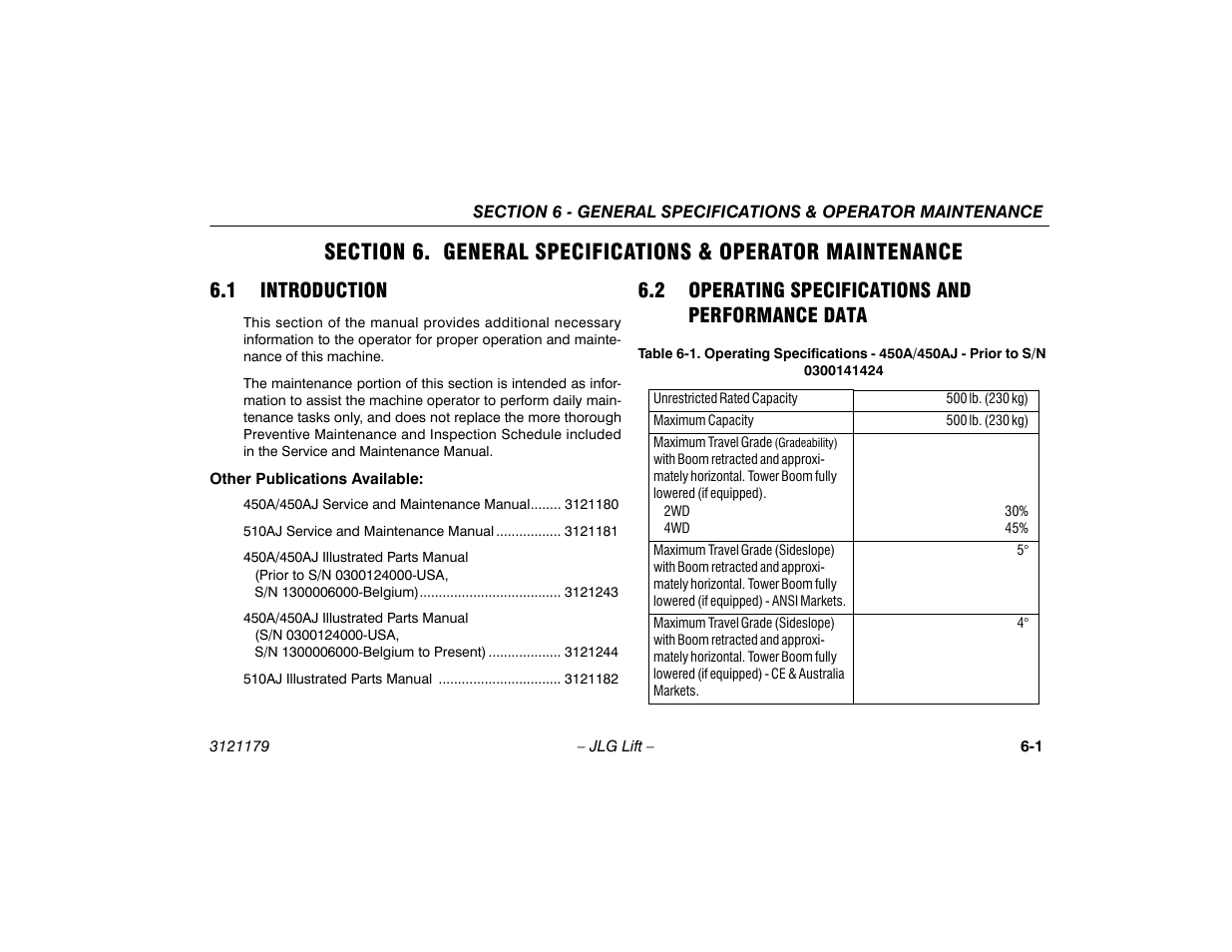 1 introduction, 2 operating specifications and performance data, Data -1 | JLG 510AJ Operator Manual User Manual | Page 83 / 132