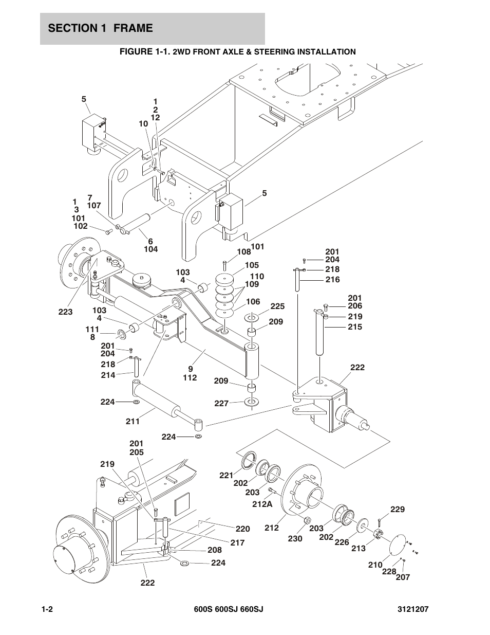 Figure 1-1. 2wd front axle & steering installation | JLG 660SJ Parts Manual User Manual | Page 10 / 404