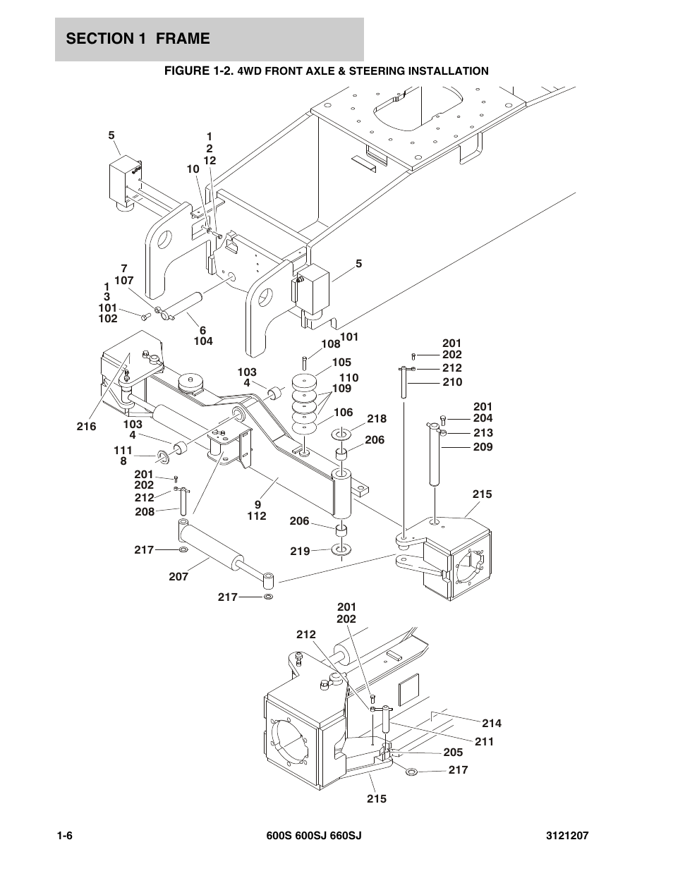 Figure 1-2. 4wd front axle & steering installation | JLG 660SJ Parts Manual User Manual | Page 14 / 404