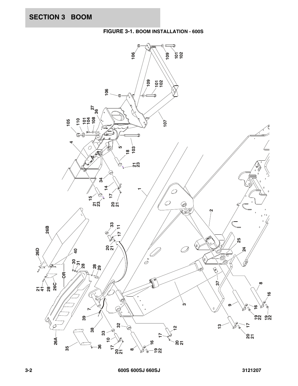 Figure 3-1. boom installation - 600s, Figure 3-1 | JLG 660SJ Parts Manual User Manual | Page 202 / 404