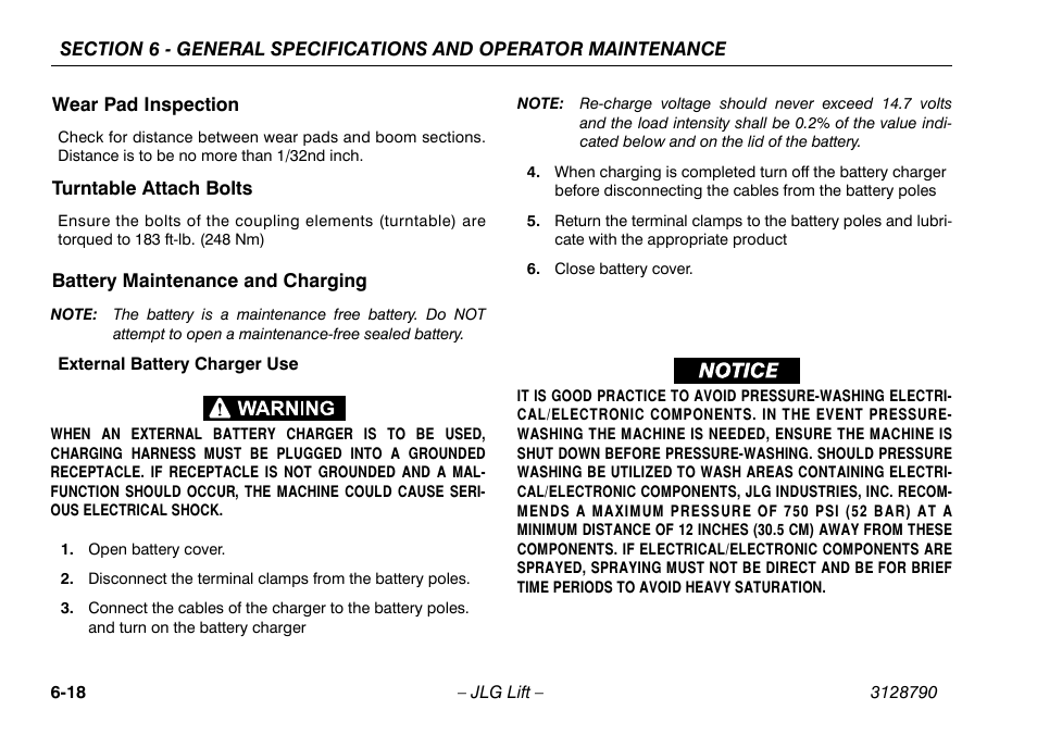 Wear pad inspection, Turntable attach bolts, Battery maintenance and charging | JLG X700AJ Operator Manual User Manual | Page 114 / 124