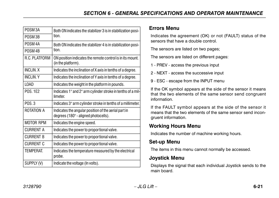 Errors menu, Working hours menu, Set-up menu | Joystick menu | JLG X700AJ Operator Manual User Manual | Page 117 / 124