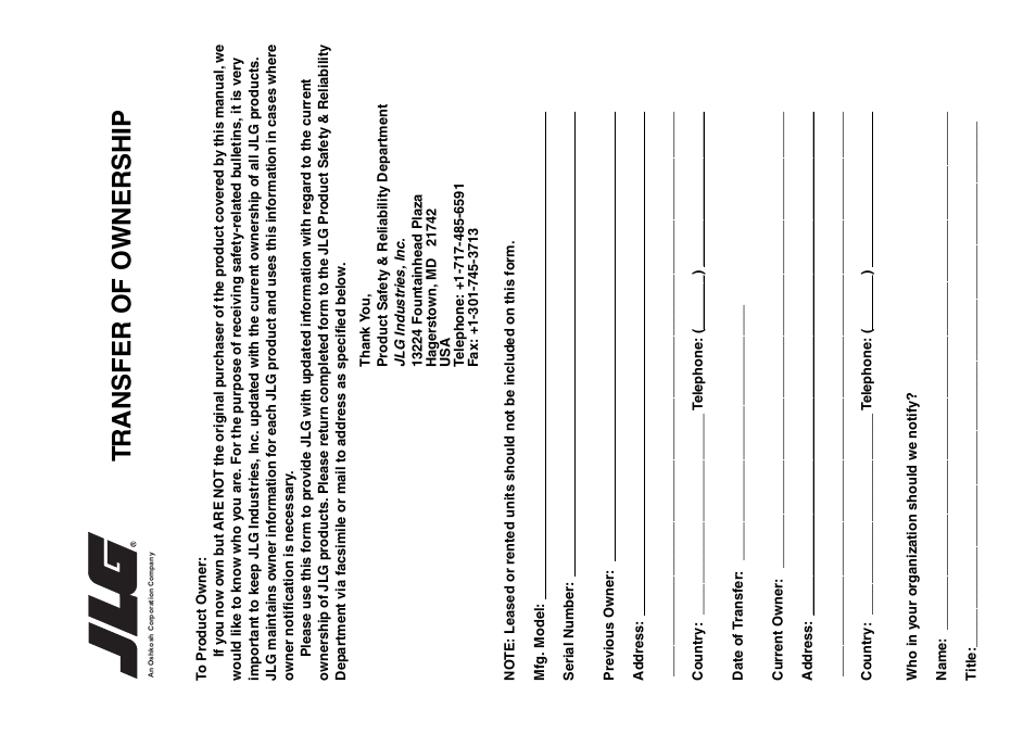 Tr ansf er of owner s hip | JLG X700AJ Operator Manual User Manual | Page 121 / 124