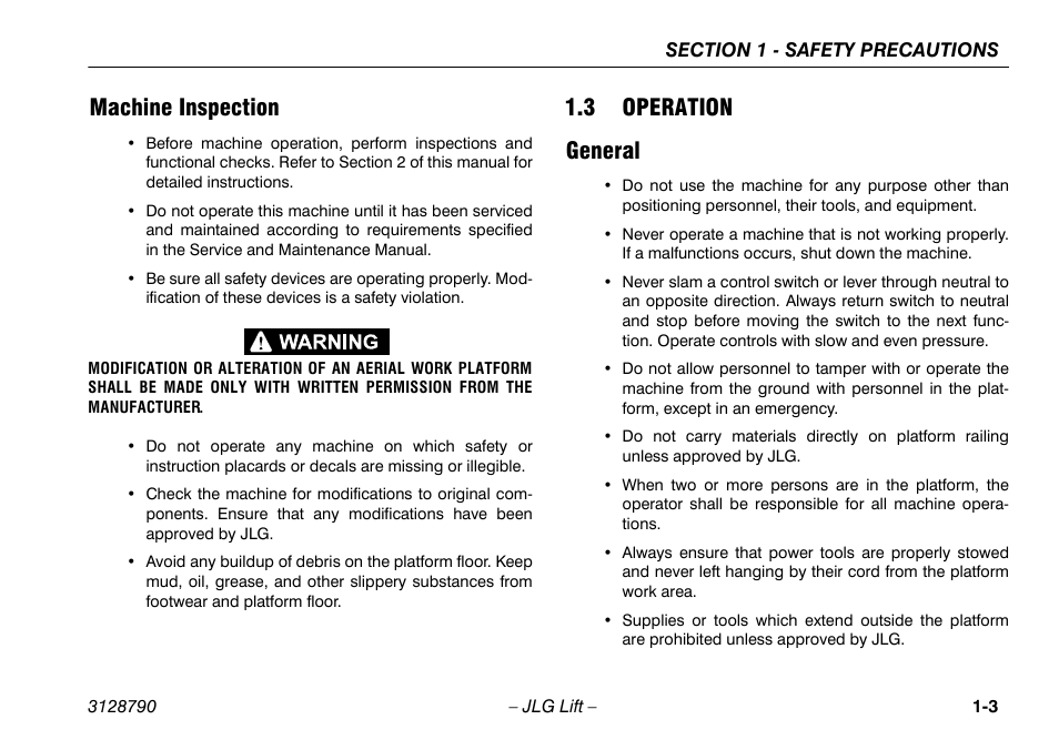 Machine inspection, 3 operation, General | Machine inspection -3, 3 operation -3, General -3, 3 operation general | JLG X700AJ Operator Manual User Manual | Page 13 / 124