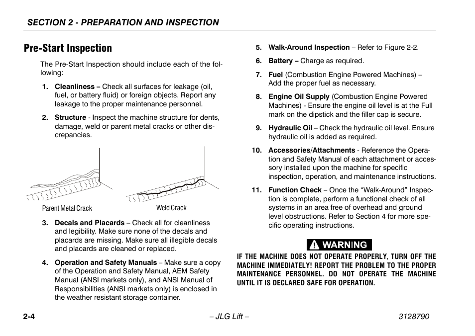 Pre-start inspection, Pre-start inspection -4 | JLG X700AJ Operator Manual User Manual | Page 24 / 124