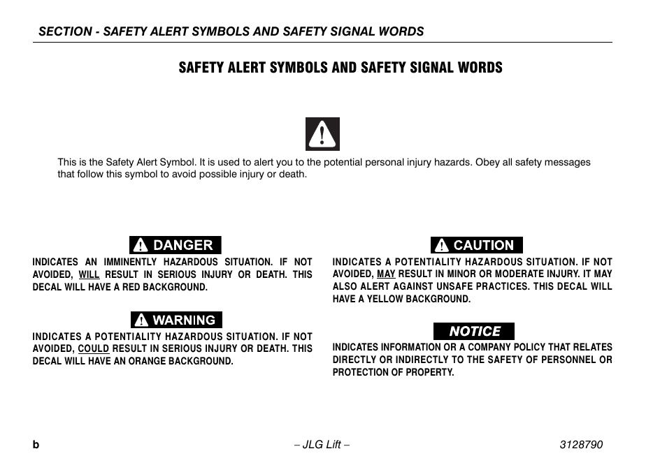 Safety alert symbols and safety signal words | JLG X700AJ Operator Manual User Manual | Page 4 / 124