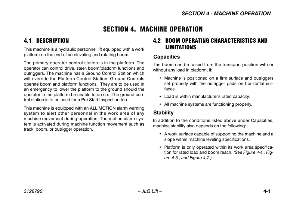 Section 4. machine operation, 1 description, 2 boom operating characteristics and limitations | Capacities, Stability, Section - 4 - machine operation, Limitations -1, Capacities -1 stability -1 | JLG X700AJ Operator Manual User Manual | Page 47 / 124