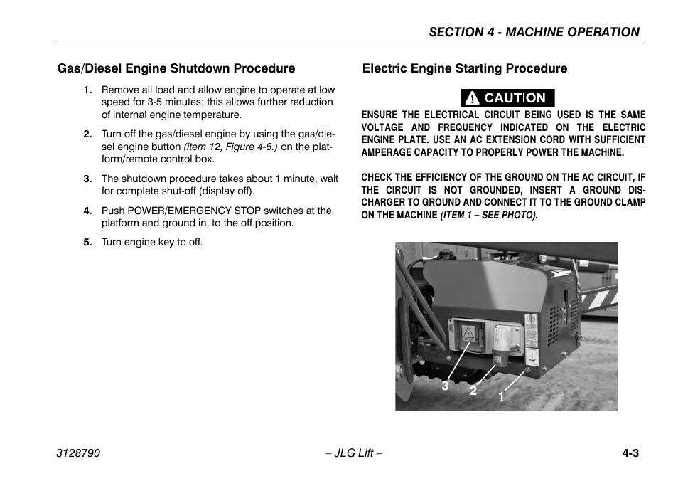 Gas/diesel engine shutdown procedure, Electric engine starting procedure | JLG X700AJ Operator Manual User Manual | Page 49 / 124