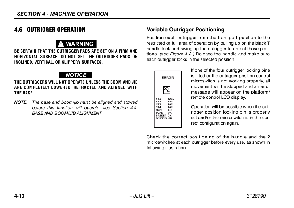 6 outrigger operation, Variable outrigger positioning, 6 outrigger operation -10 | Variable outrigger positioning -10 | JLG X700AJ Operator Manual User Manual | Page 56 / 124