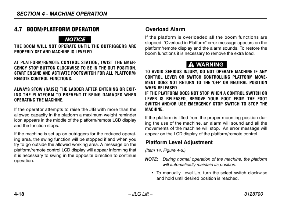 7 boom/platform operation, Overload alarm, Platform level adjustment | 7 boom/platform operation -18, Overload alarm -18 platform level adjustment -18 | JLG X700AJ Operator Manual User Manual | Page 64 / 124