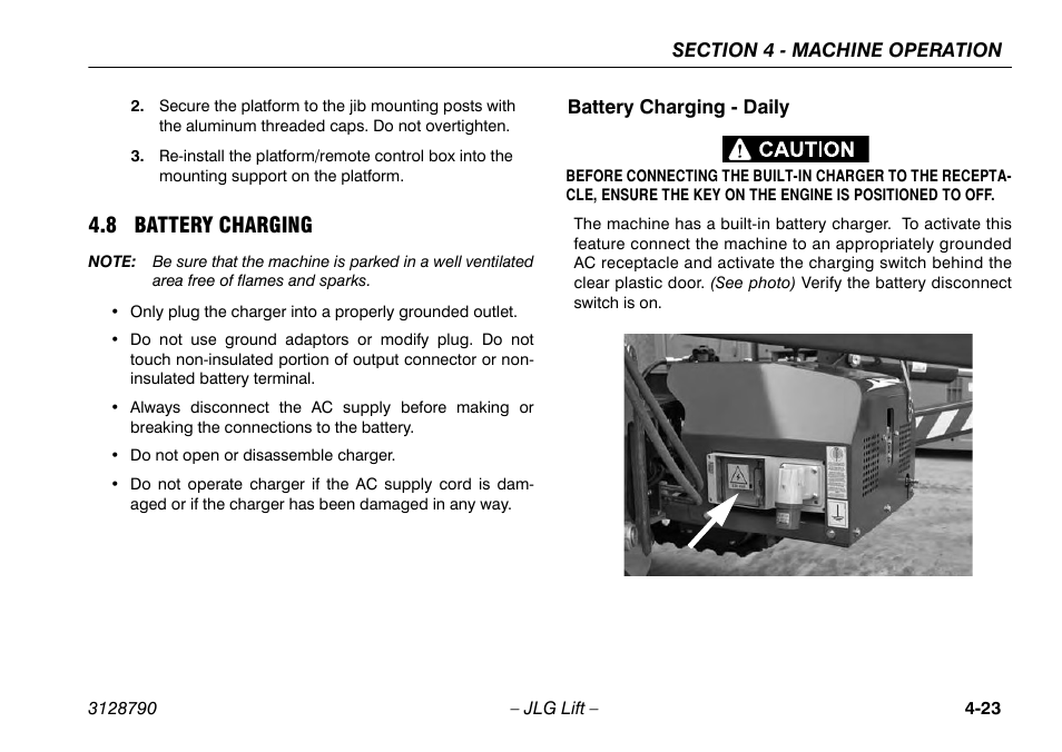 8 battery charging, Battery charging - daily, 8 battery charging -23 | Battery charging - daily -23 | JLG X700AJ Operator Manual User Manual | Page 69 / 124
