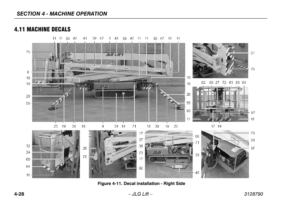 11 machine decals, 11 machine decals -28, 11. decal installation - right side -28 | JLG X700AJ Operator Manual User Manual | Page 74 / 124
