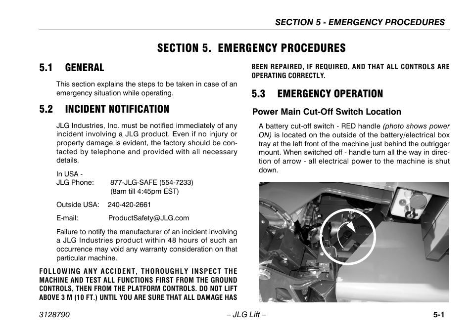 Section 5. emergency procedures, 1 general, 2 incident notification | 3 emergency operation, Power main cut-off switch location, Section - 5 - emergency procedures, Power main cut-off switch location -1 | JLG X700AJ Operator Manual User Manual | Page 81 / 124