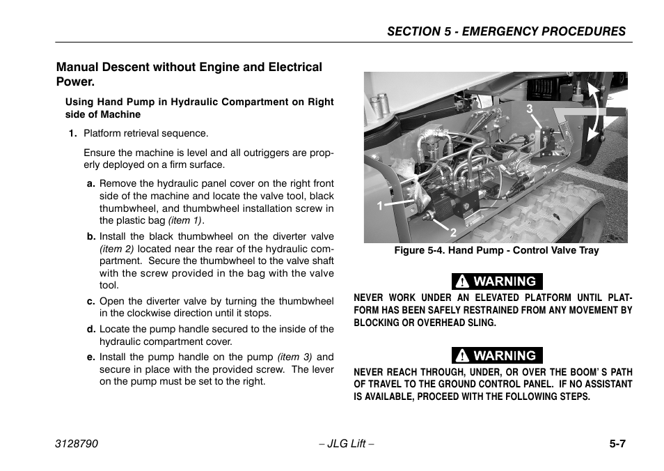 Manual descent without engine and electrical power, Hand pump - control valve tray -7 | JLG X700AJ Operator Manual User Manual | Page 87 / 124