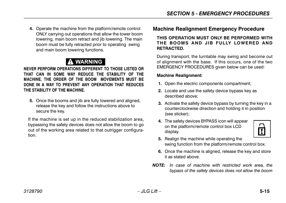 Machine realignment emergency procedure, Machine realignment emergency procedure -15 | JLG X700AJ Operator Manual User Manual | Page 95 / 124