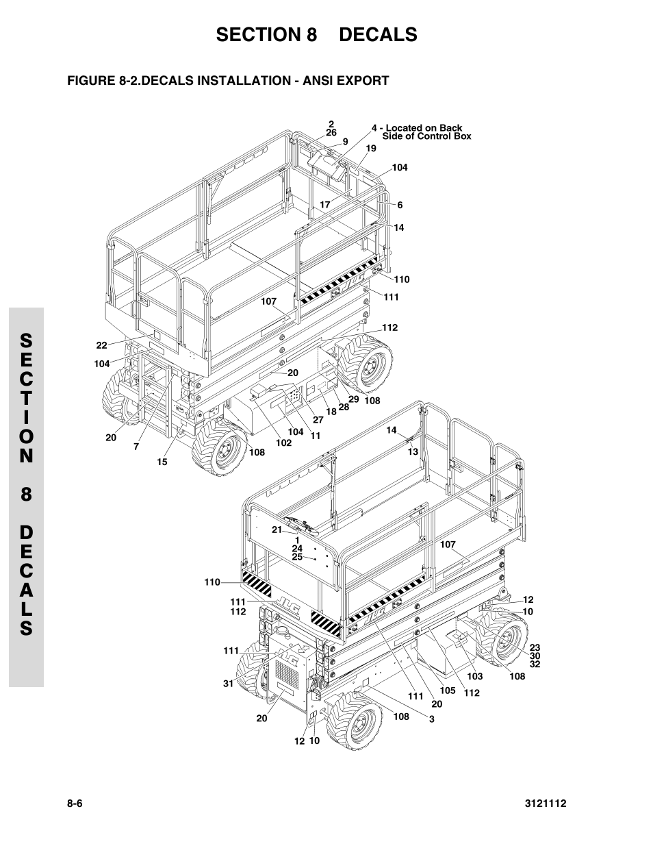 Figure 8-2. decals installation - ansi export | JLG 400CRT ANSI Parts Manual User Manual | Page 146 / 164