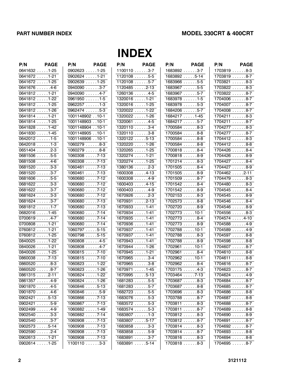 Index | JLG 400CRT ANSI Parts Manual User Manual | Page 156 / 164