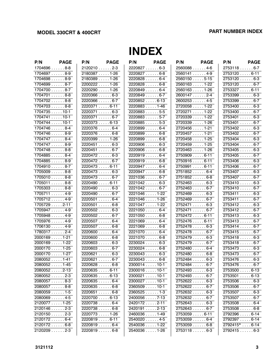 Index | JLG 400CRT ANSI Parts Manual User Manual | Page 157 / 164