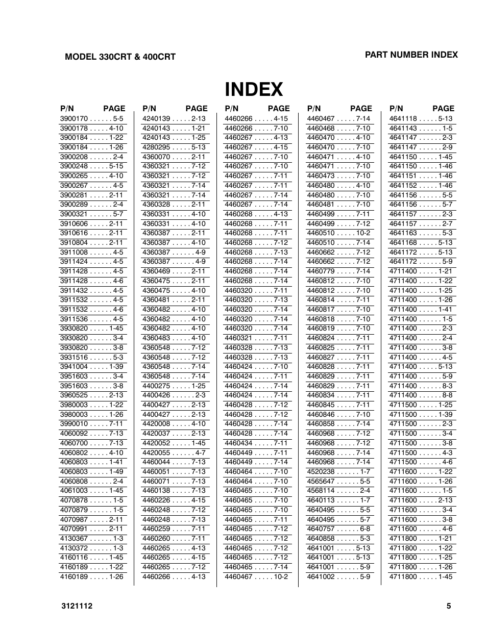 Index | JLG 400CRT ANSI Parts Manual User Manual | Page 159 / 164