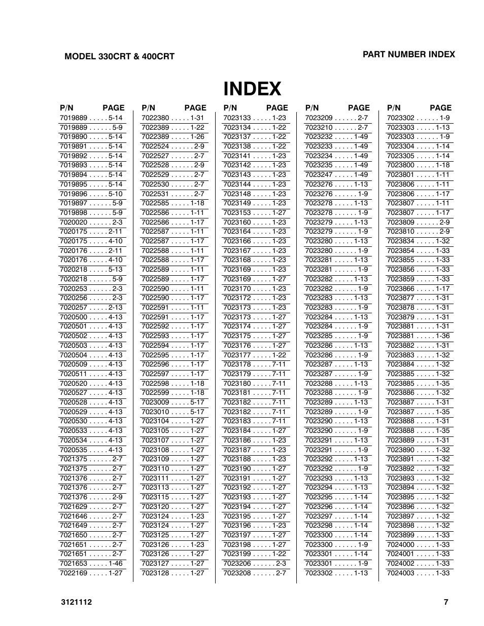 Index | JLG 400CRT ANSI Parts Manual User Manual | Page 161 / 164