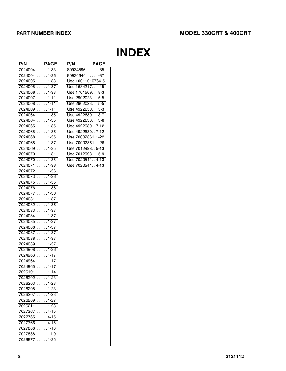 Index | JLG 400CRT ANSI Parts Manual User Manual | Page 162 / 164