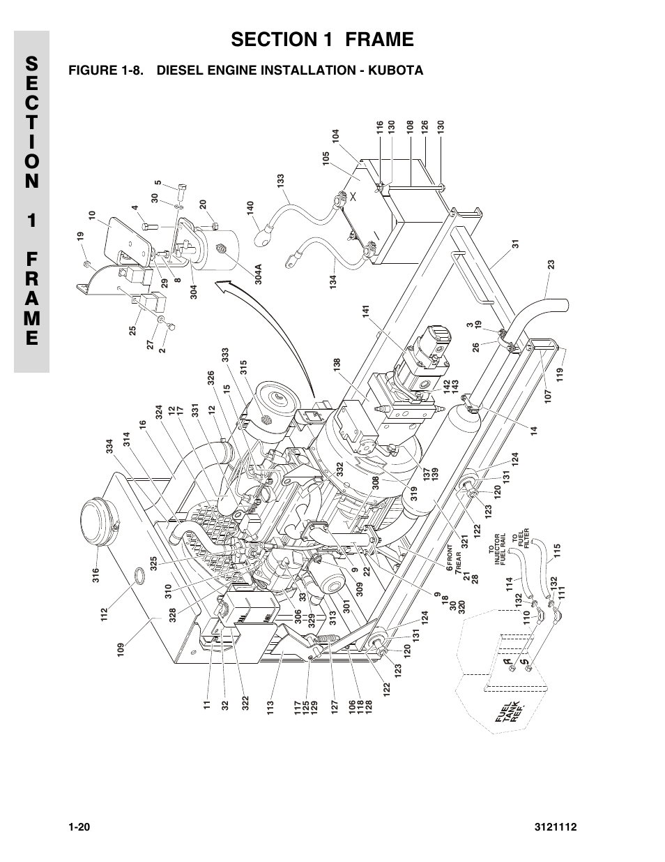 Figure 1-8. diesel engine installation - kubota | JLG 400CRT ANSI Parts Manual User Manual | Page 26 / 164