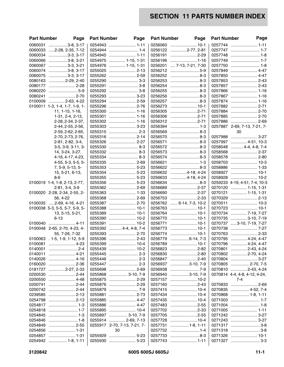Section 11 parts number index, 11 - parts number index -1 | JLG 660SJ Parts Manual User Manual | Page 293 / 306