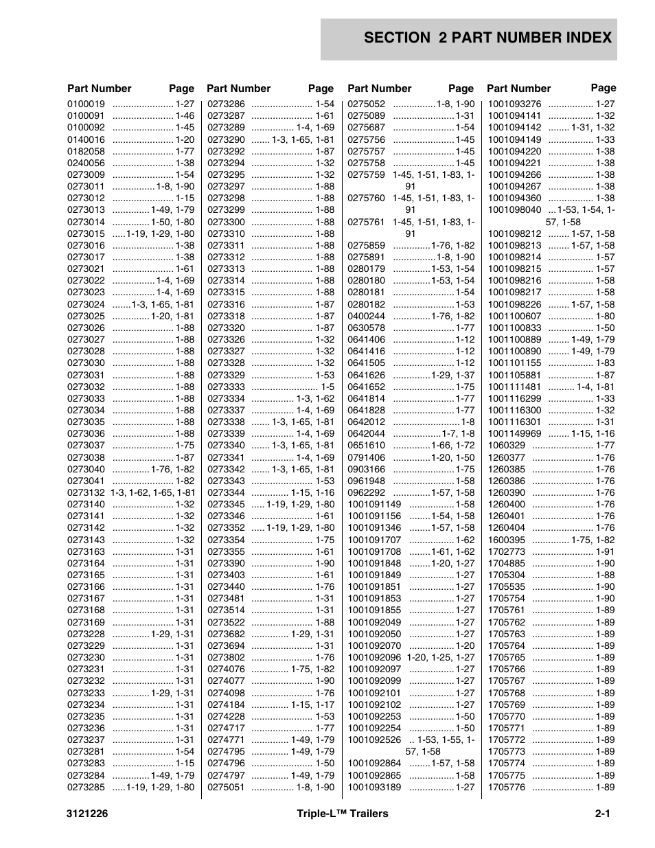 Section 2 part number index, 2 - part number index -1 | JLG Triple-L Parts Manual User Manual | Page 101 / 106