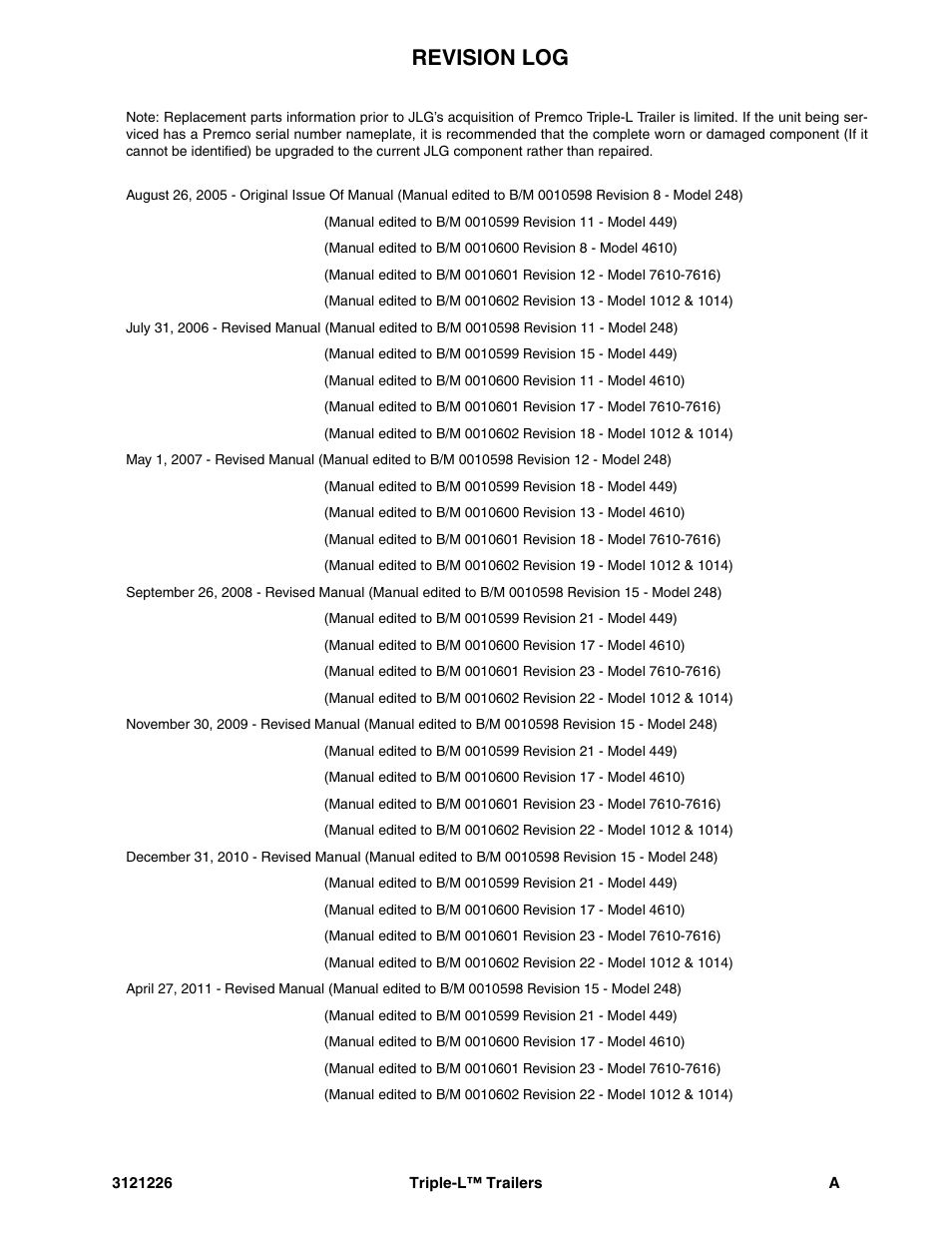 Revision log | JLG Triple-L Parts Manual User Manual | Page 3 / 106