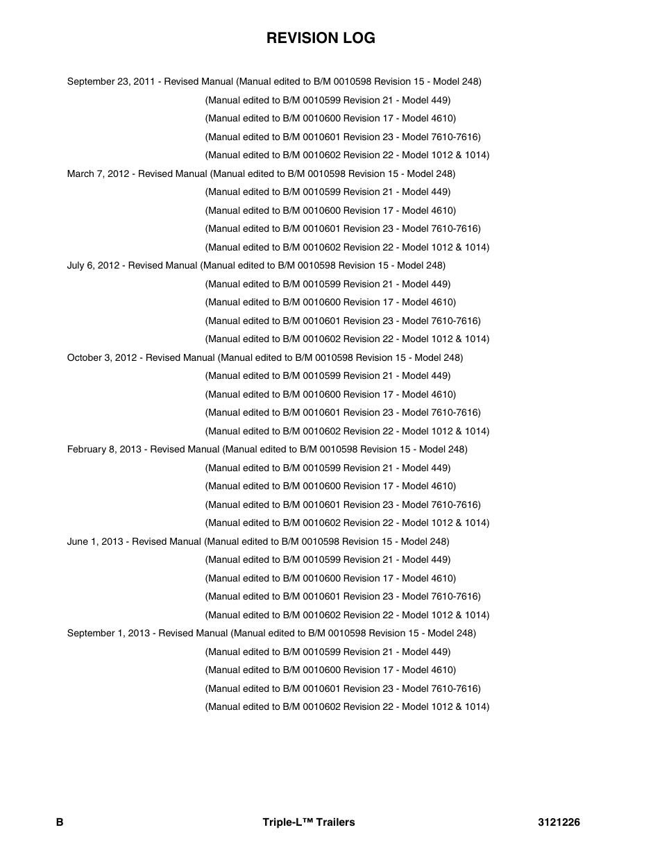 Revision log | JLG Triple-L Parts Manual User Manual | Page 4 / 106