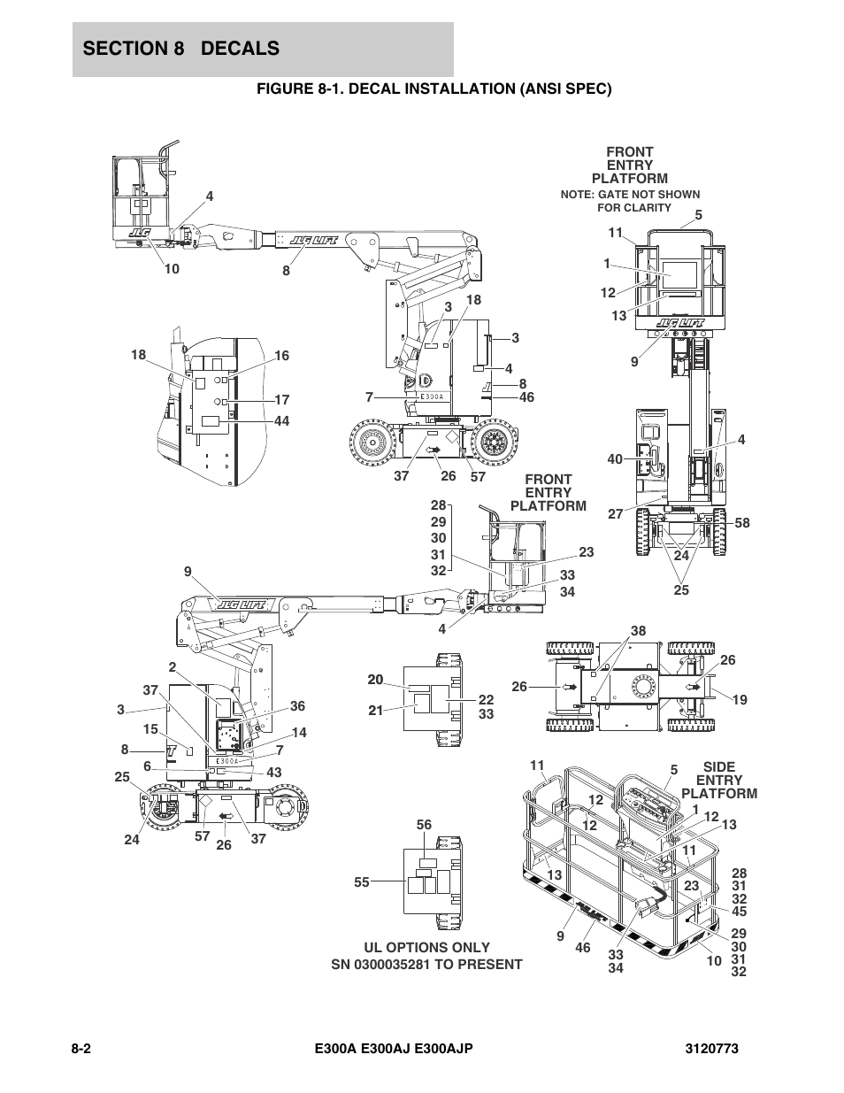 Figure 8-1. decal installation (ansi spec) | JLG E300 ANSI Parts Manual User Manual | Page 182 / 208