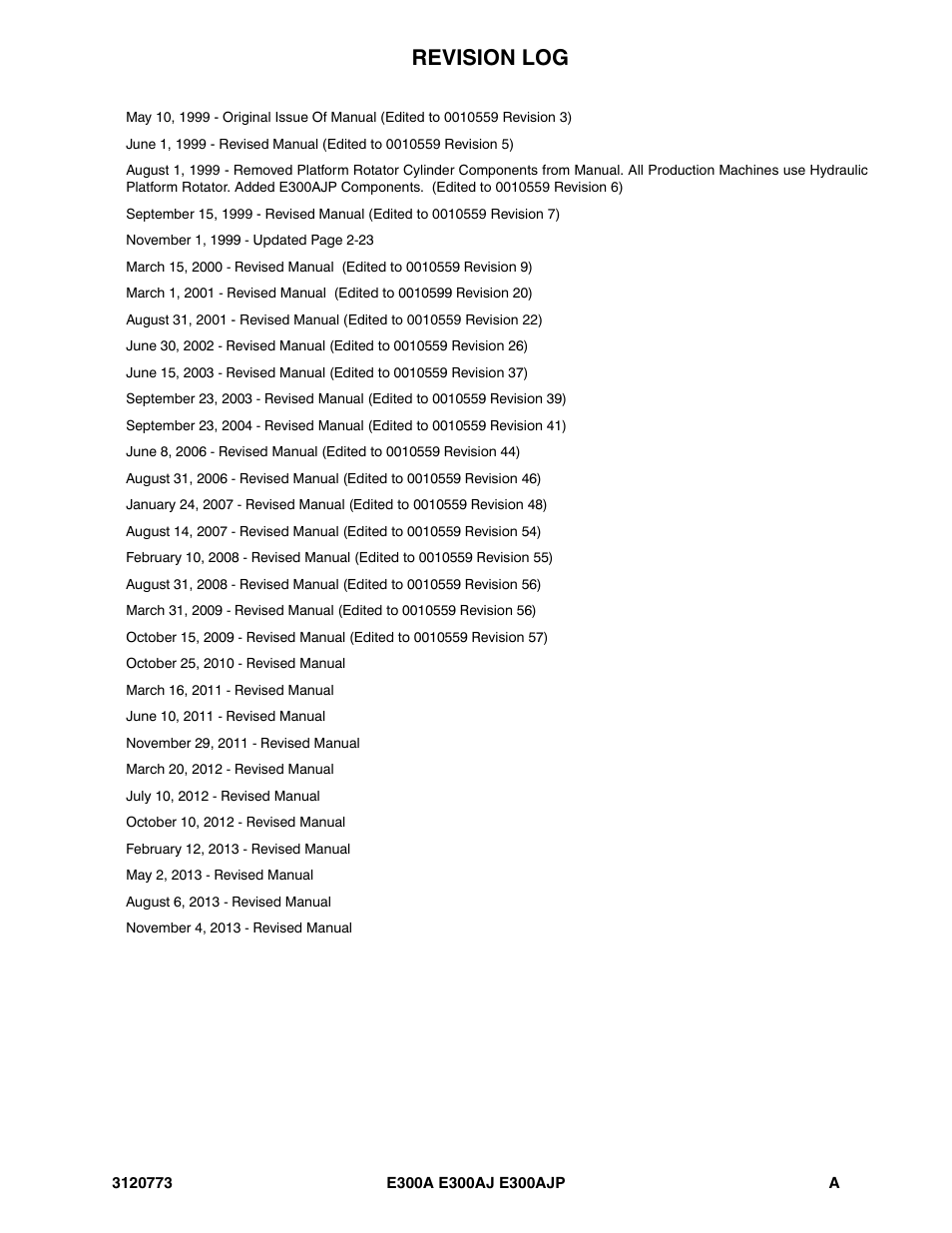 Revision log | JLG E300 ANSI Parts Manual User Manual | Page 3 / 208