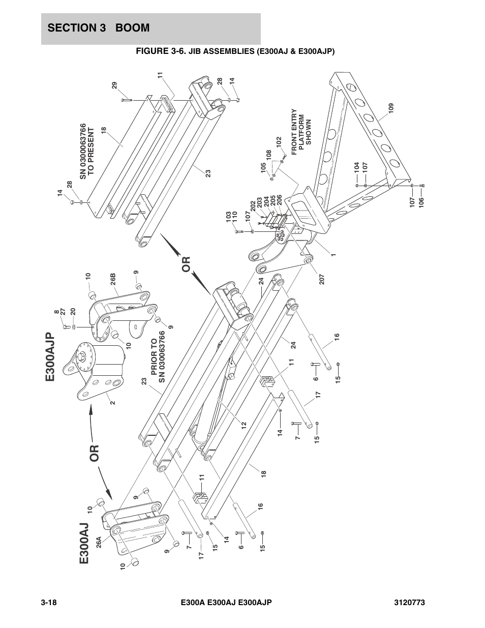 Figure 3-6. jib assemblies (e300aj & e300ajp), Or e300aj, E300ajp | Figure 3-6 | JLG E300 ANSI Parts Manual User Manual | Page 88 / 208