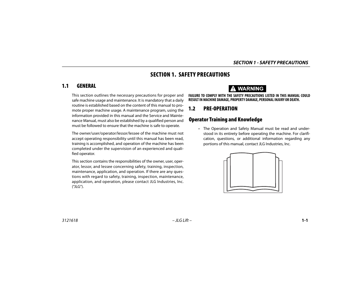 Section 1. safety precautions, 1 general, 2 pre-operation | Operator training and knowledge, Section - 1 - safety precautions, General -1, Pre-operation -1, Operator training and knowledge -1 | JLG 450A_AJ Series II Operator Manual User Manual | Page 11 / 126