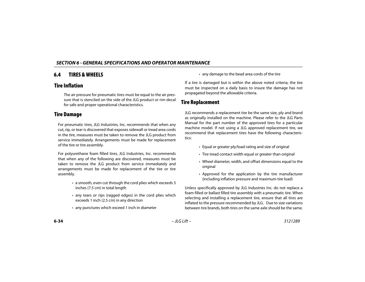 4 tires & wheels, Tire inflation, Tire damage | Tire replacement, Tires & wheels -34, 4 tires & wheels tire inflation | JLG 450A_AJ Series II Operator Manual User Manual | Page 114 / 126