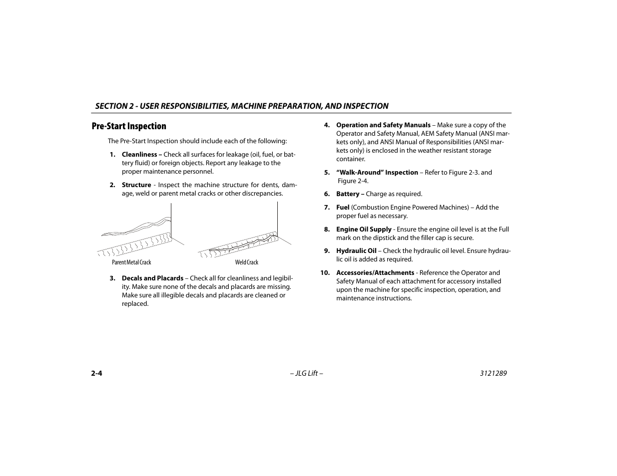 Pre-start inspection, Pre-start inspection -4 | JLG 450A_AJ Series II Operator Manual User Manual | Page 28 / 126